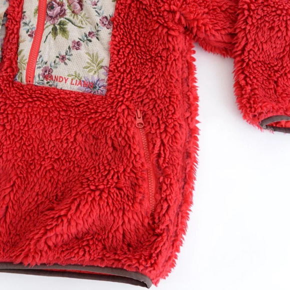 Sandy Liang Boxbox Red Fleece Snap Front Floral Patchwork  Teddy Bear Jacket M - Picture 6 of 13